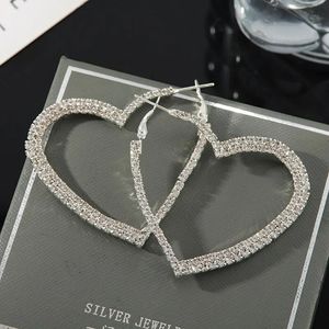 2" Elegant Silver Heart Shape Hoop Earrings Clear Crystal